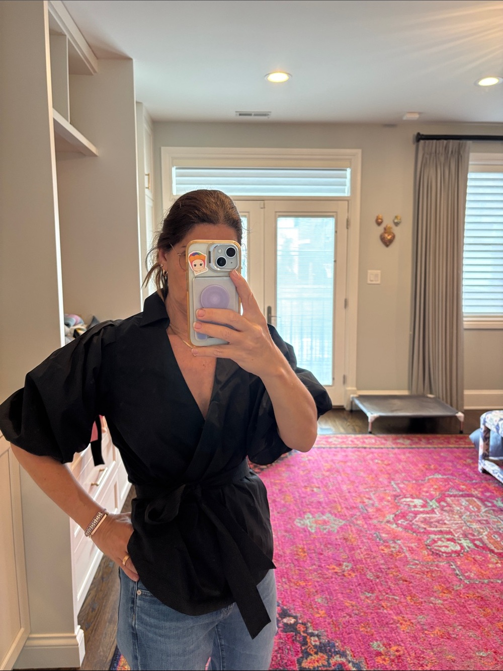 Jonathan Simkhai Black Puff-Sleeve Wrap Blouse with Self-Tie Waist - Picture 6 of 6